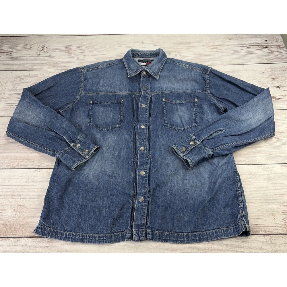 Vintage Tommy Jeans Men's XL Denim Long Sleeve Snap Button Shirt Logo Western